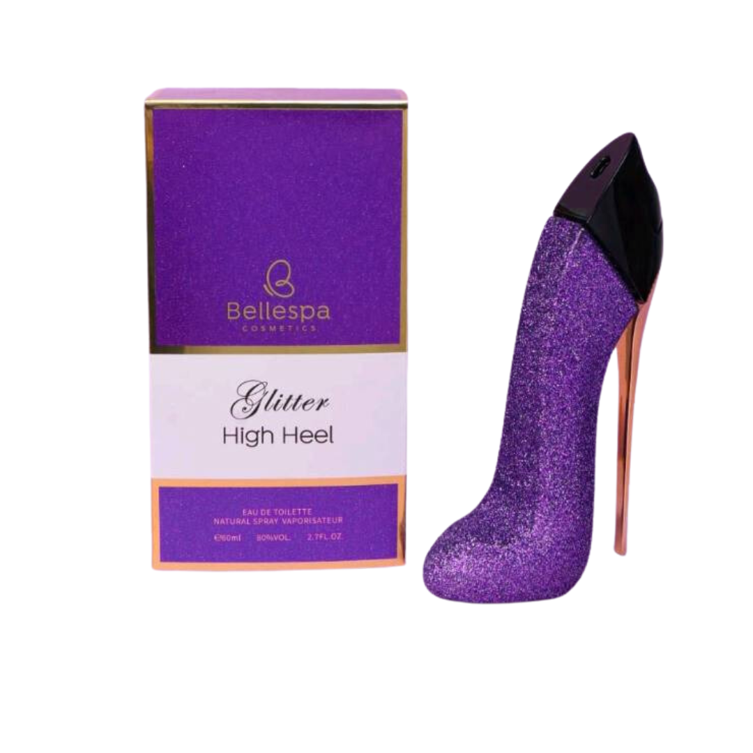 PERFUME MUJER BELLESPA TACO ALTO ESCARCHADO MORADO