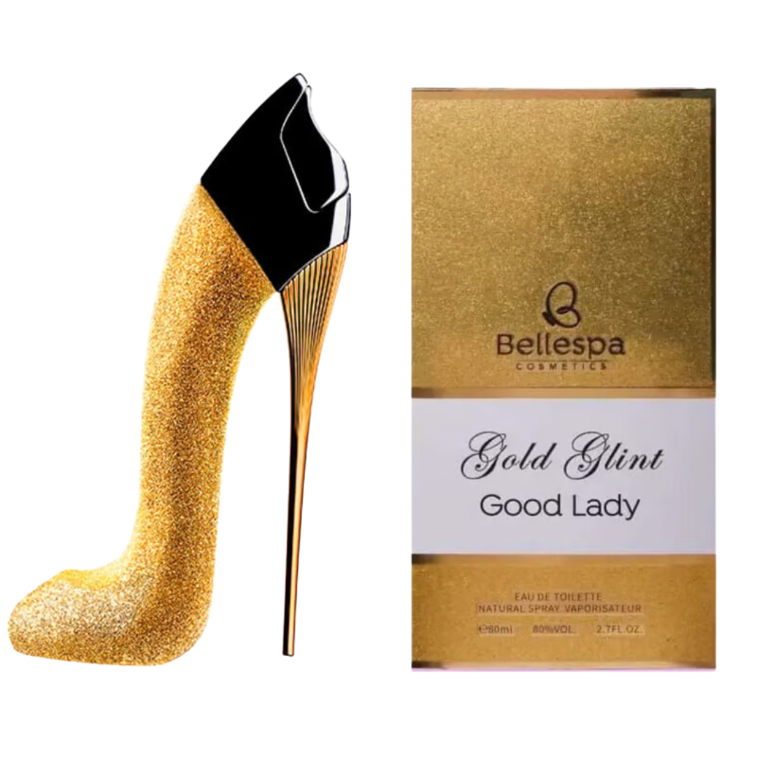 PERFUME MUJER BELLESPA TACO ALTO ESCARCHADO DORADO