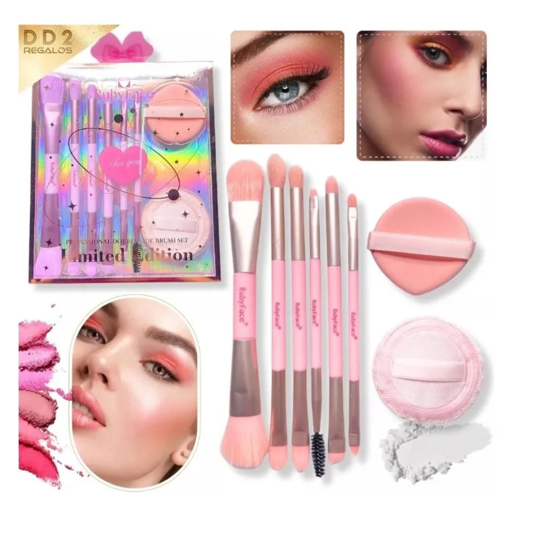 SET X6 BROCHAS DOBLE PUNTA + 2 ESPONJAS PARA MAQUILLAJE
